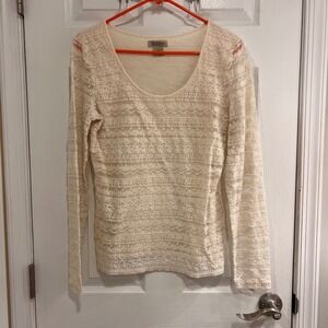 Lucky Brand Womens Cream Floral Lace Overlay Long Sleeve Scoop Neck Top Size M